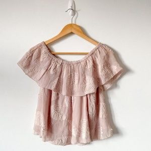 Aritzia Wilfred Floral Leaf Promener Off Shoulder Blouse Pink Sz M